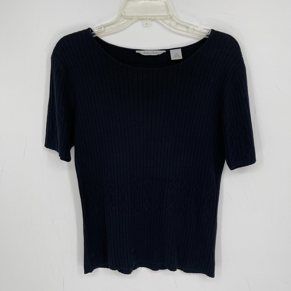 Madison Studio Women's Y2K Black Silk Blend Short Sleeve Ribbed Knit Top Size M